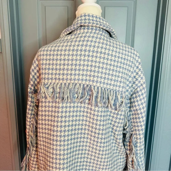 Shero Houndstooth Tassel Trim Blue and White Fringe Shacket Jacket - Picture 10 of 13